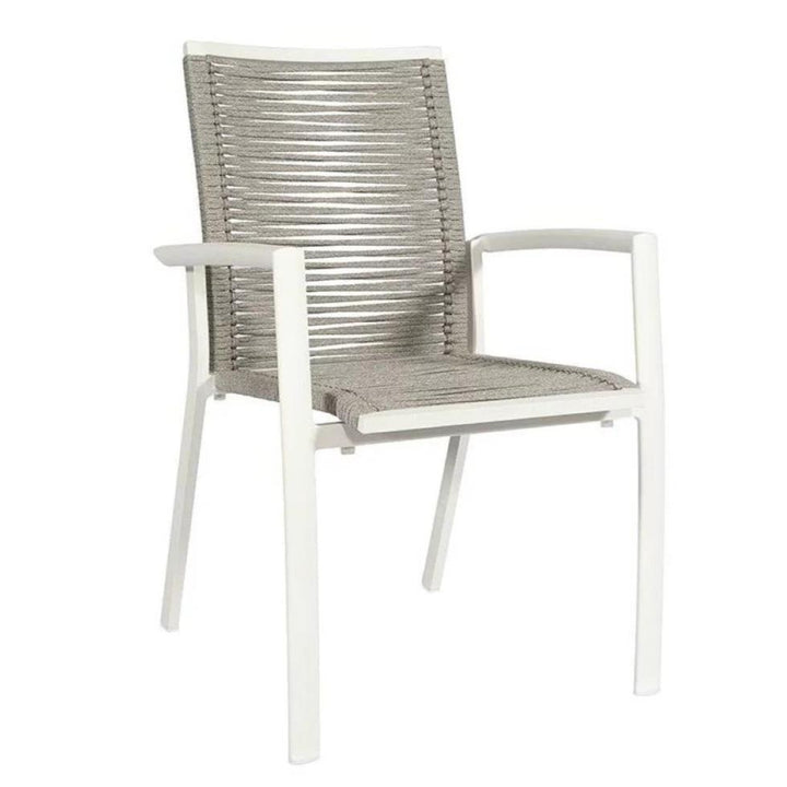 Sevilla garden chair in wit aluminium and light grey straight woven round rope